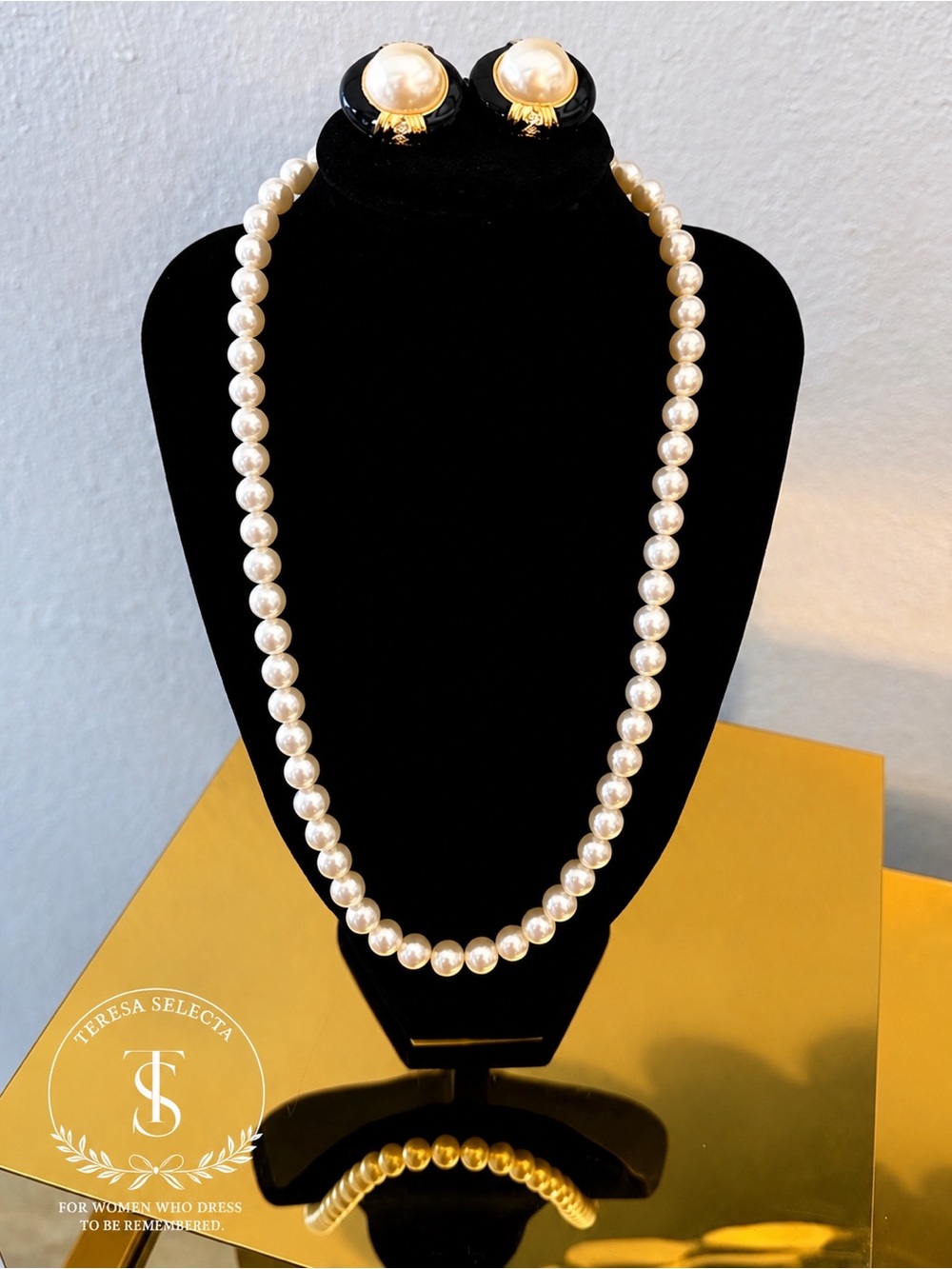 Vintage J.G. Hook Pearl Earrings Black Enamel Gold Tone + Faux Pearl Necklace